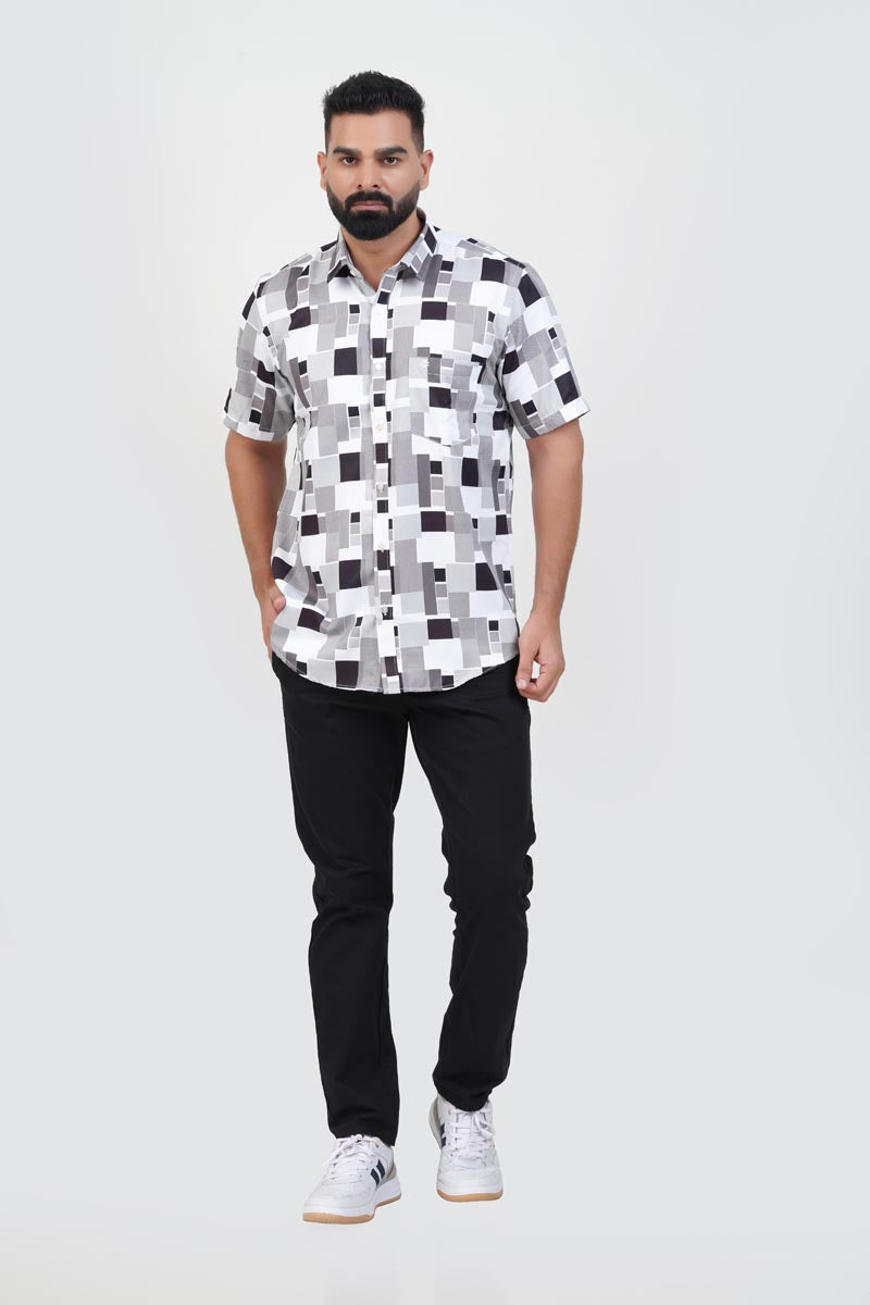 Freeco Print Shirt – Half Sleeve (Monochrome Black & White)