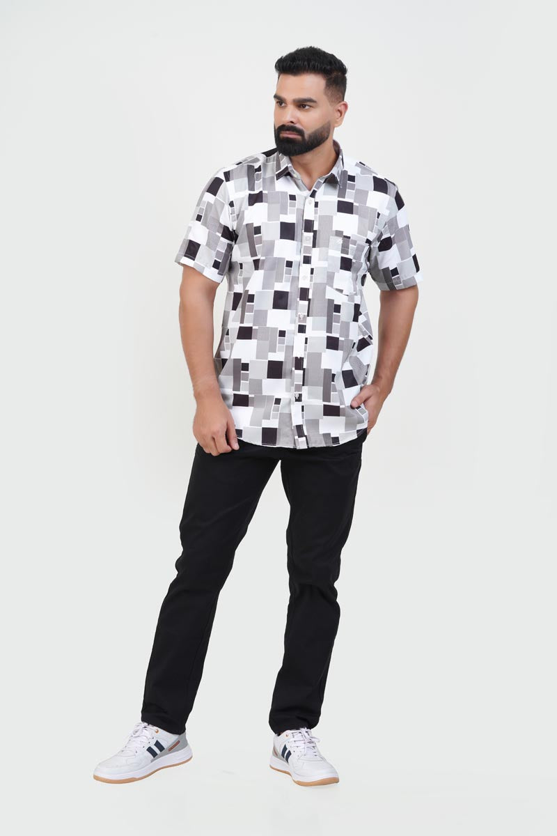 Freeco Print Shirt – Half Sleeve (Monochrome Black & White)