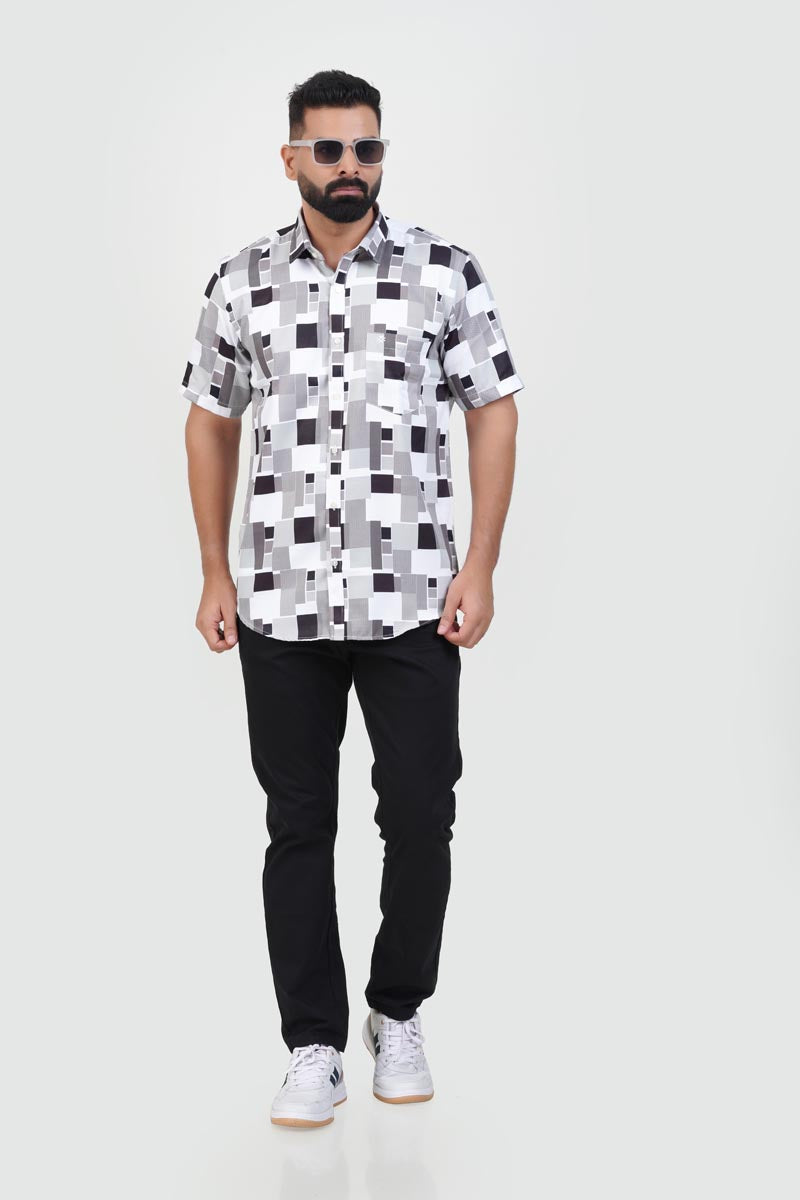 Freeco Print Shirt – Half Sleeve (Monochrome Black & White)