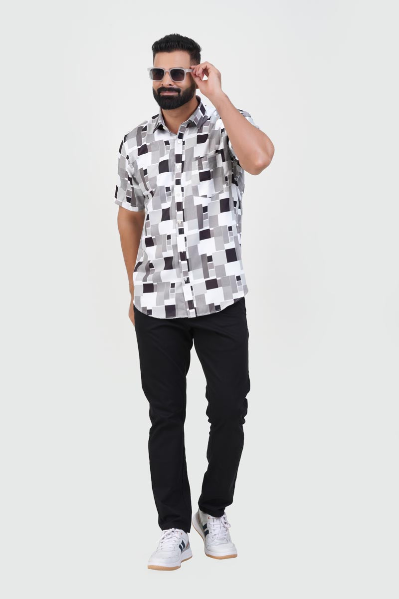 Freeco Print Shirt – Half Sleeve (Monochrome Black & White)