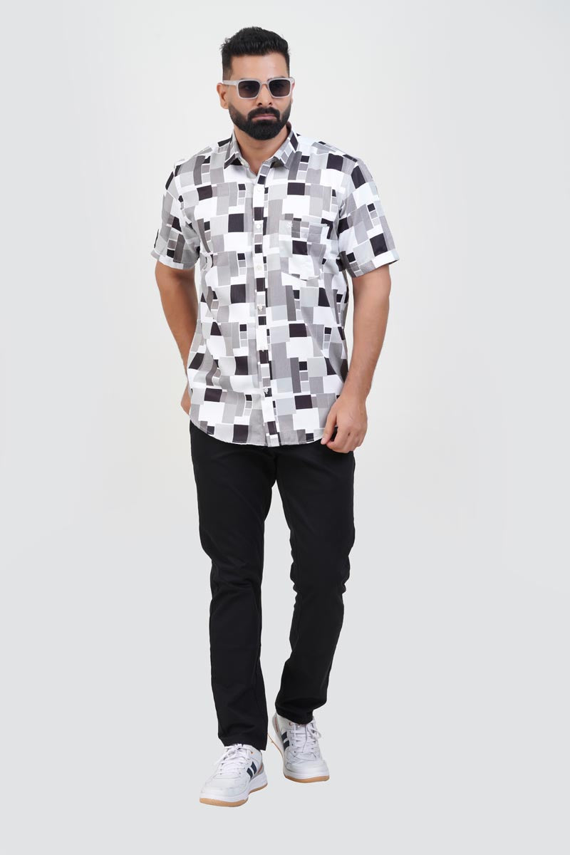 Freeco Print Shirt – Half Sleeve (Monochrome Black & White)