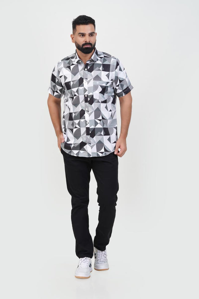 Freeco Print Shirt – Half Sleeve (Monochrome Geometric) Hover Image