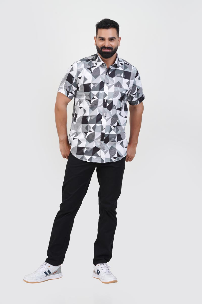 Freeco Print Shirt – Half Sleeve (Monochrome Geometric)
