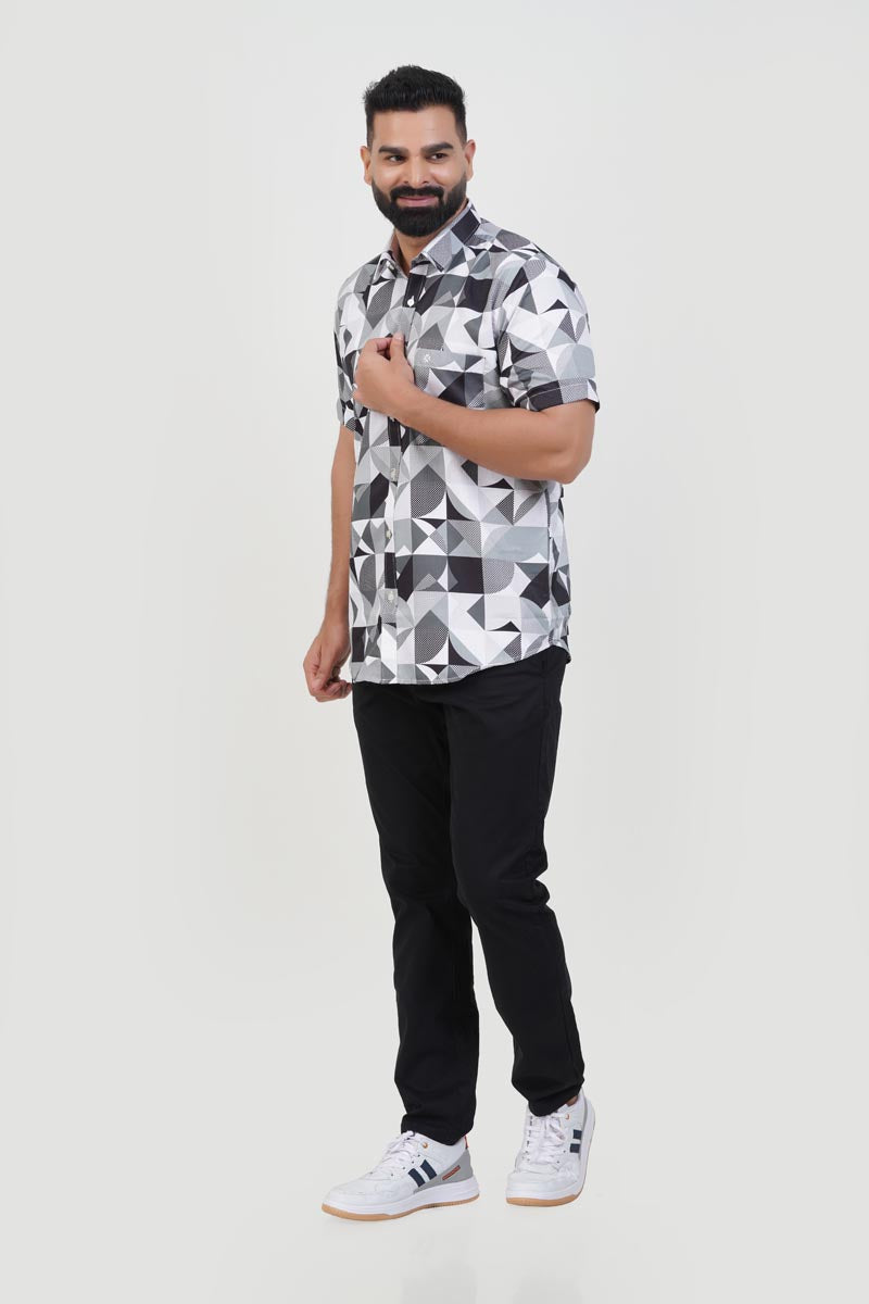 Freeco Print Shirt – Half Sleeve (Monochrome Geometric)