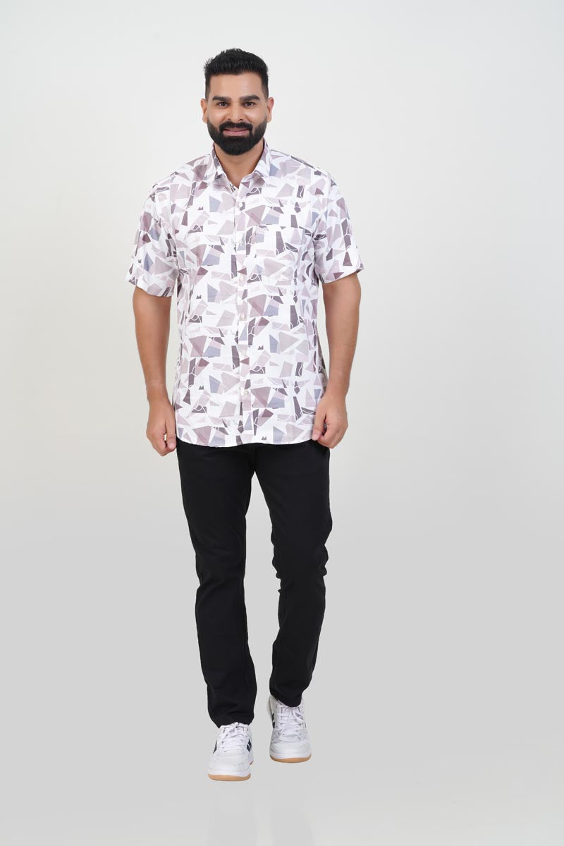 Freeco Print Shirt – Half Sleeve (White & Taupe Mosaic Fragment)