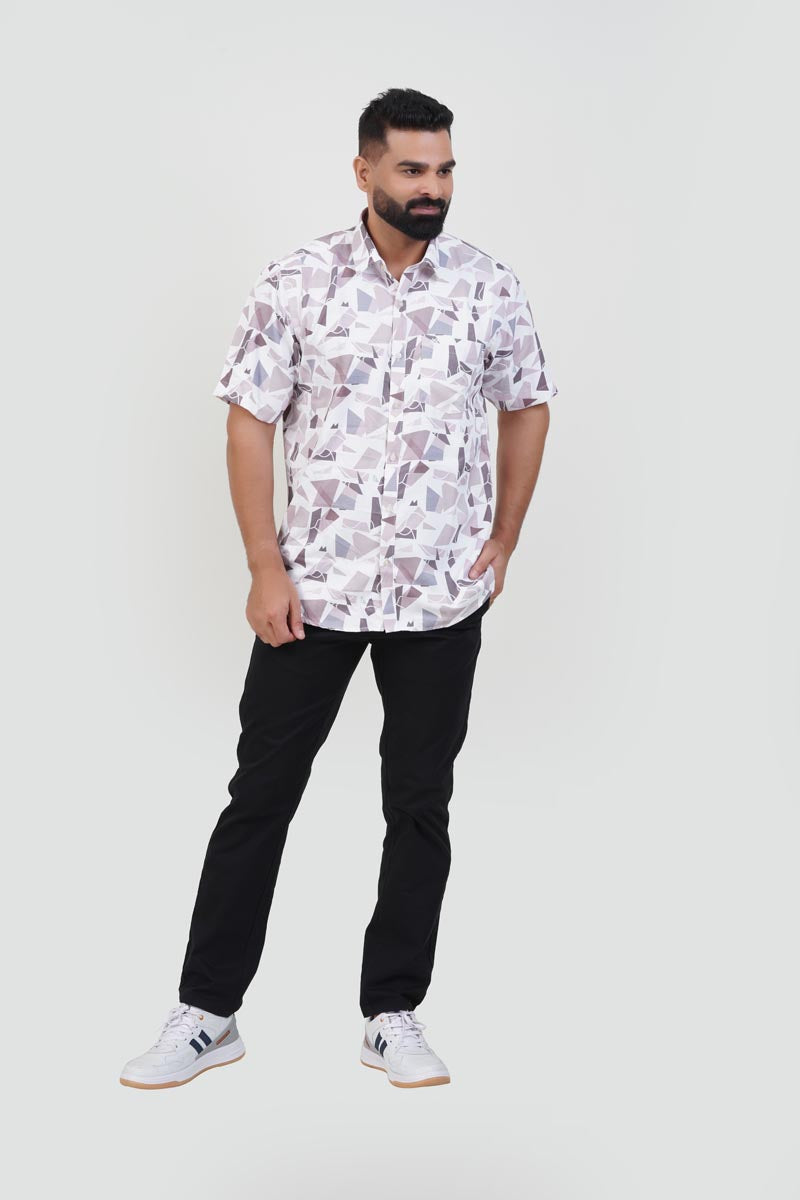 Freeco Print Shirt – Half Sleeve (White & Taupe Mosaic Fragment)