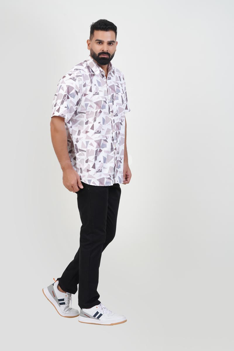 Freeco Print Shirt – Half Sleeve (White & Taupe Mosaic Fragment)