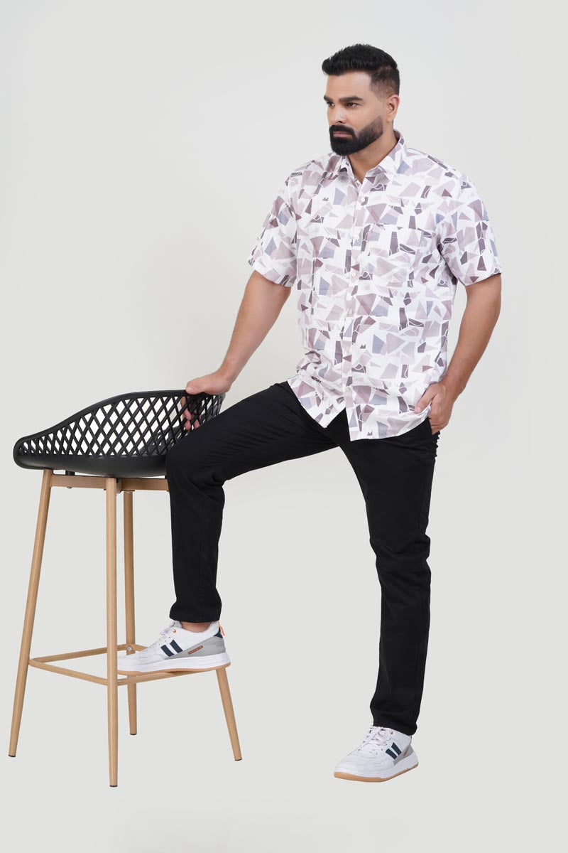 Freeco Print Shirt – Half Sleeve (White & Taupe Mosaic Fragment)