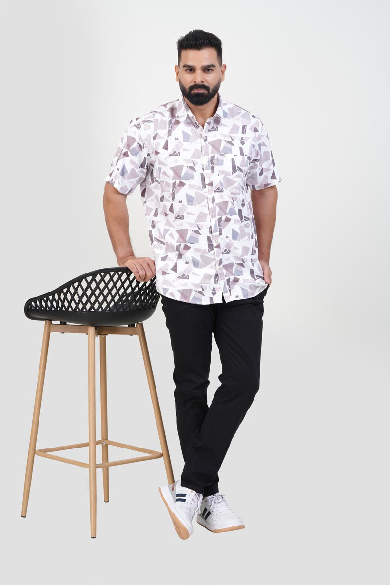 Freeco Print Shirt – Half Sleeve (White & Taupe Mosaic Fragment)