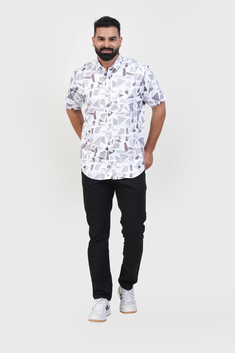 Freeco Print Shirt – Half Sleeve (White & Slate Shard Mosaic)
