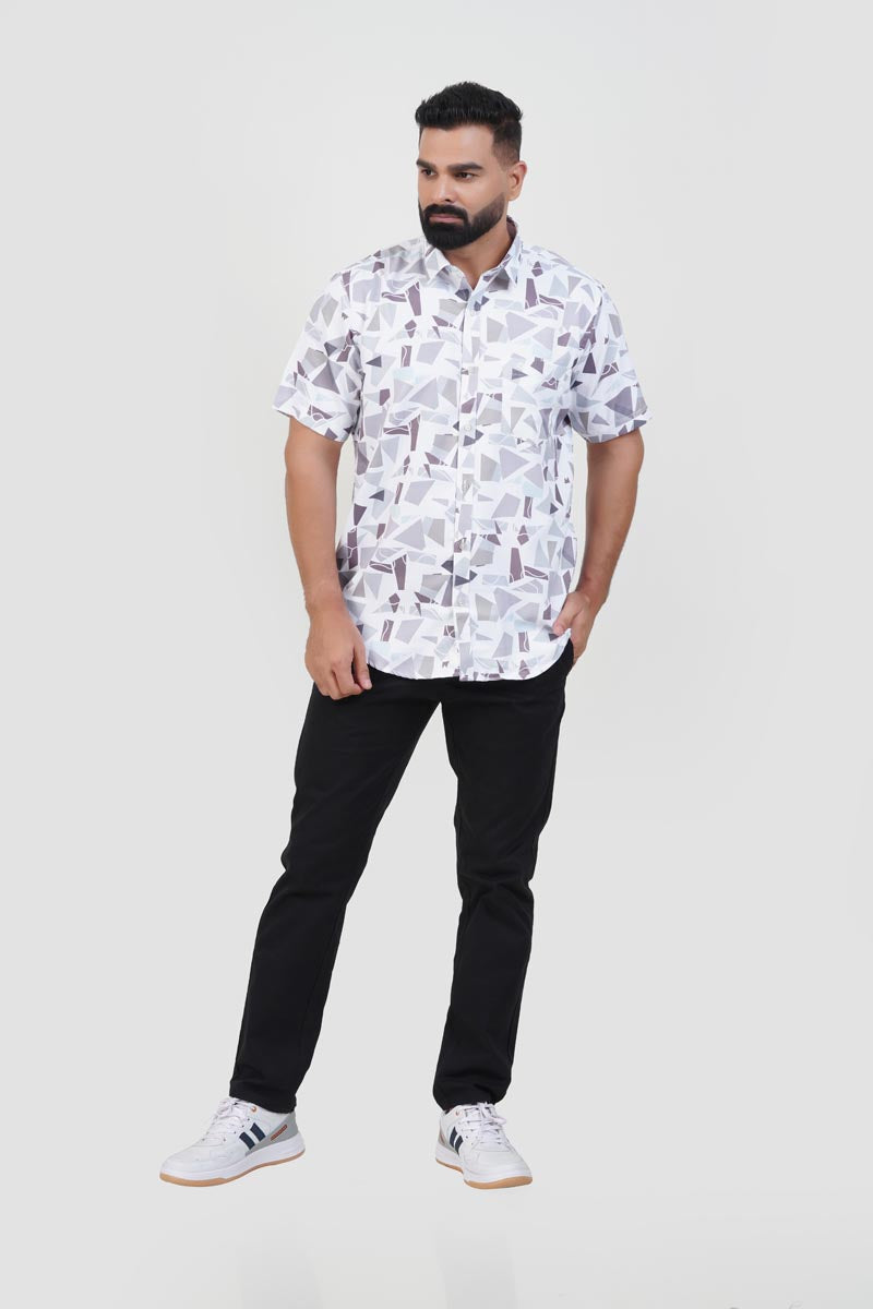 Freeco Print Shirt – Half Sleeve (White & Slate Shard Mosaic)