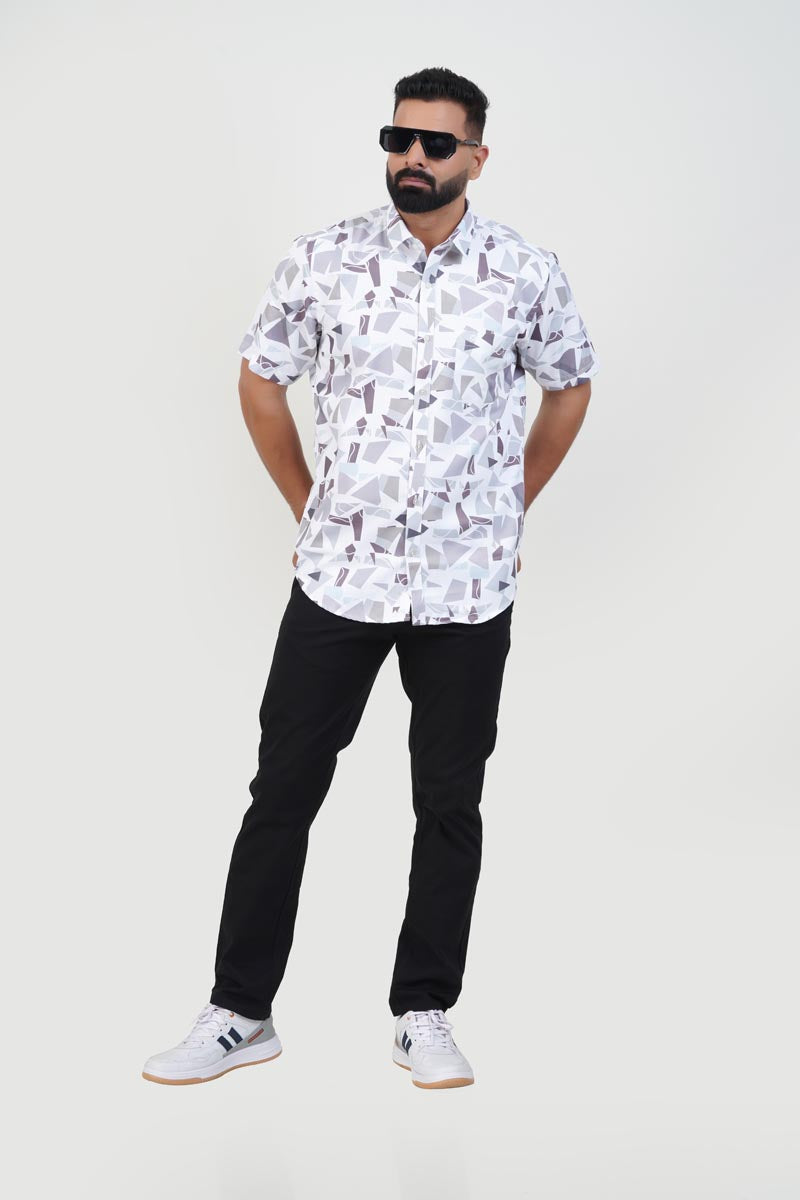 Freeco Print Shirt – Half Sleeve (White & Slate Shard Mosaic)