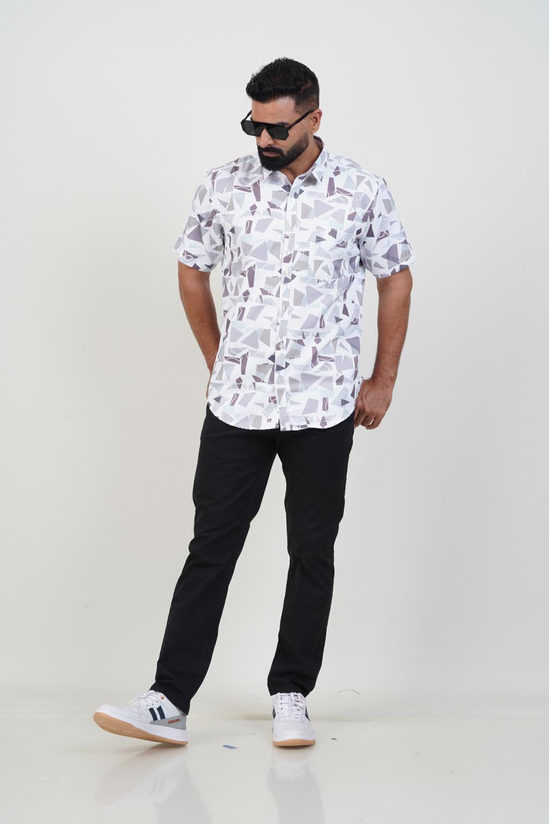 Freeco Print Shirt – Half Sleeve (White & Slate Shard Mosaic)