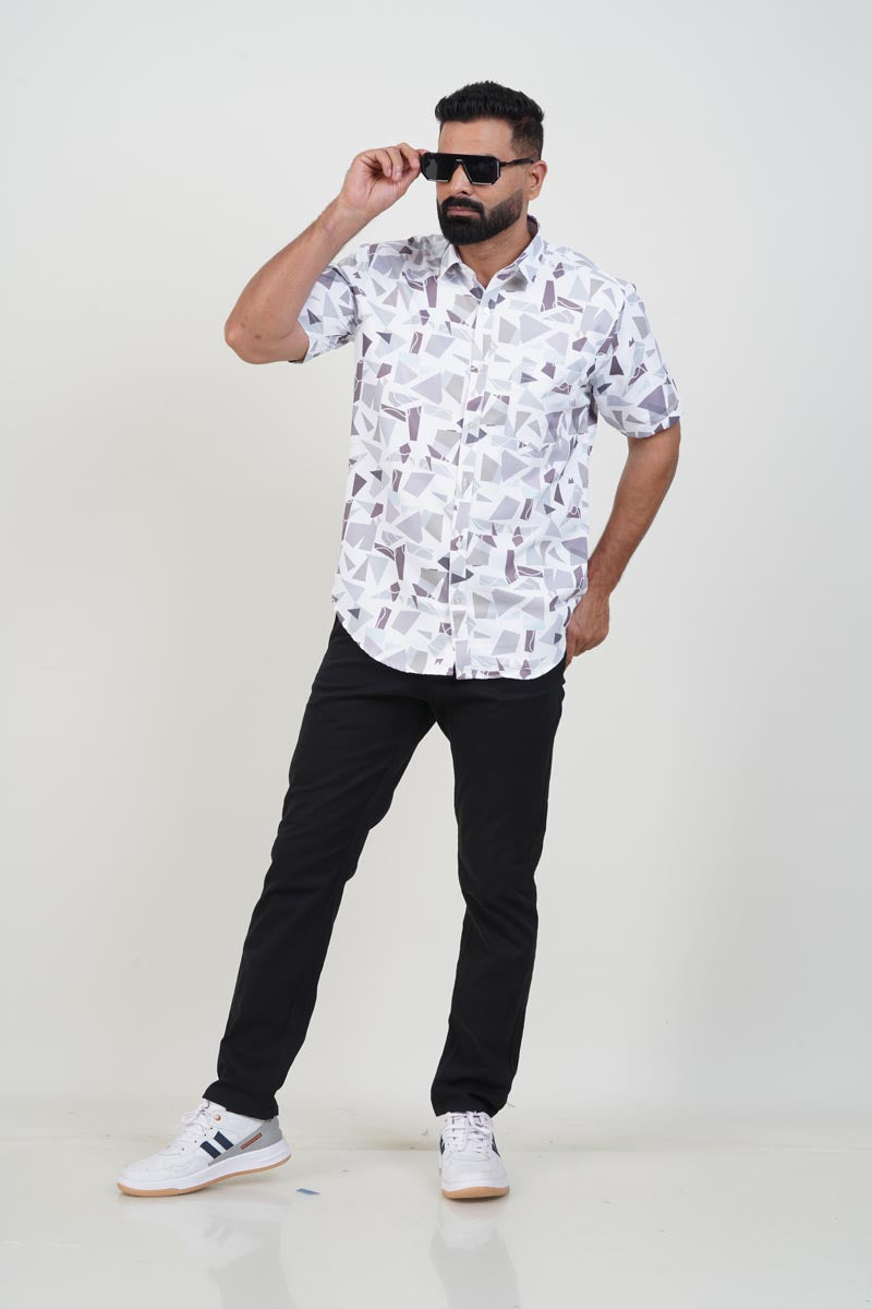 Freeco Print Shirt – Half Sleeve (White & Slate Shard Mosaic)