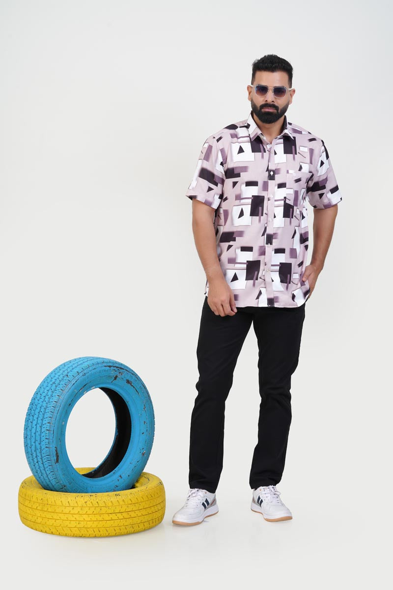 Freeco Print Shirt – Half Sleeve (Mauve & Black Abstract Block)