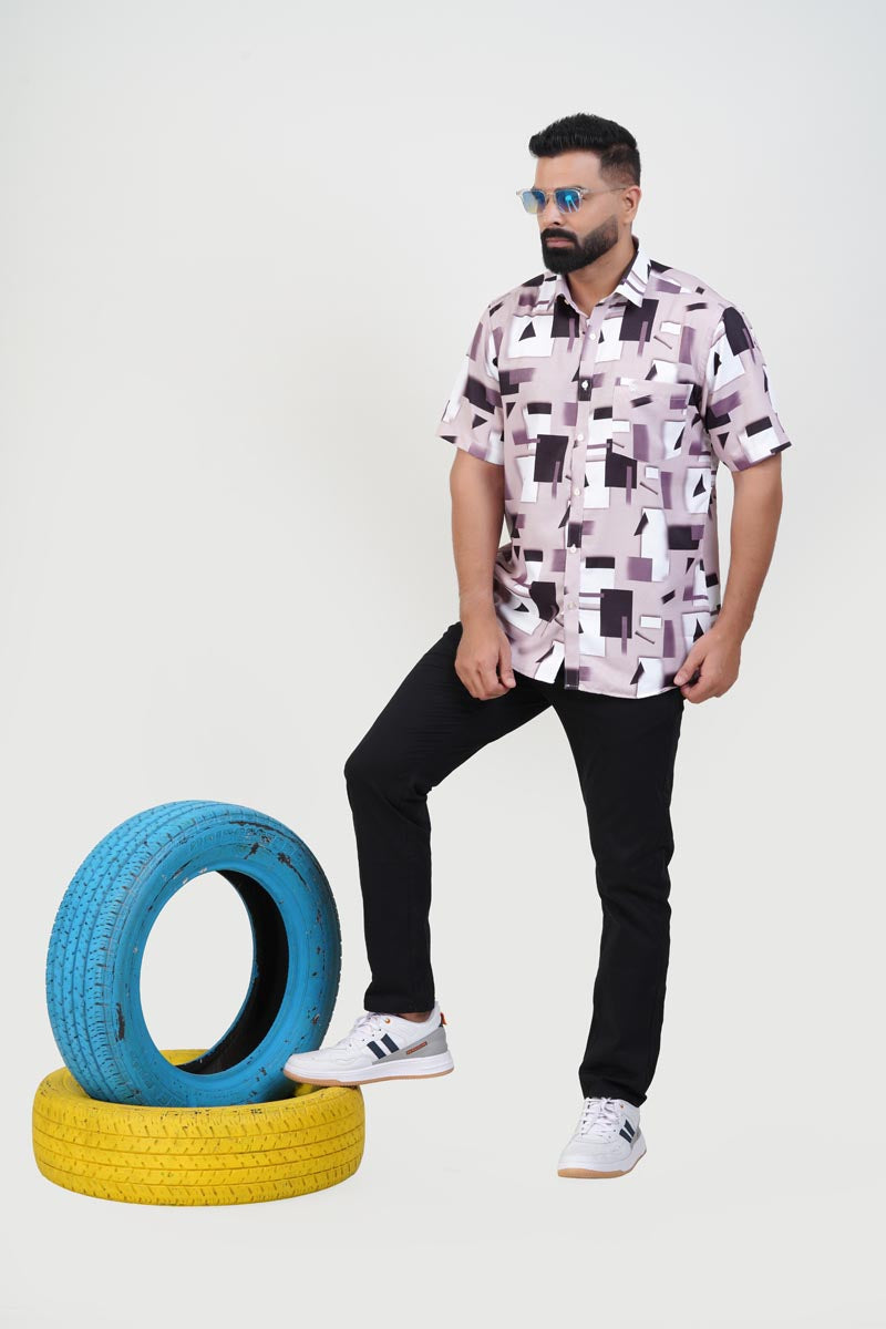 Freeco Print Shirt – Half Sleeve (Mauve & Black Abstract Block)