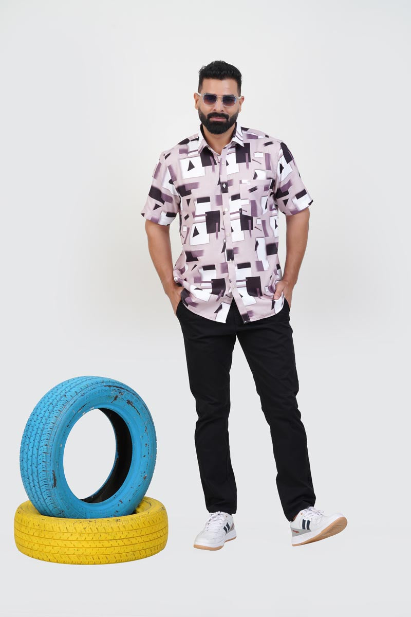 Freeco Print Shirt – Half Sleeve (Mauve & Black Abstract Block)