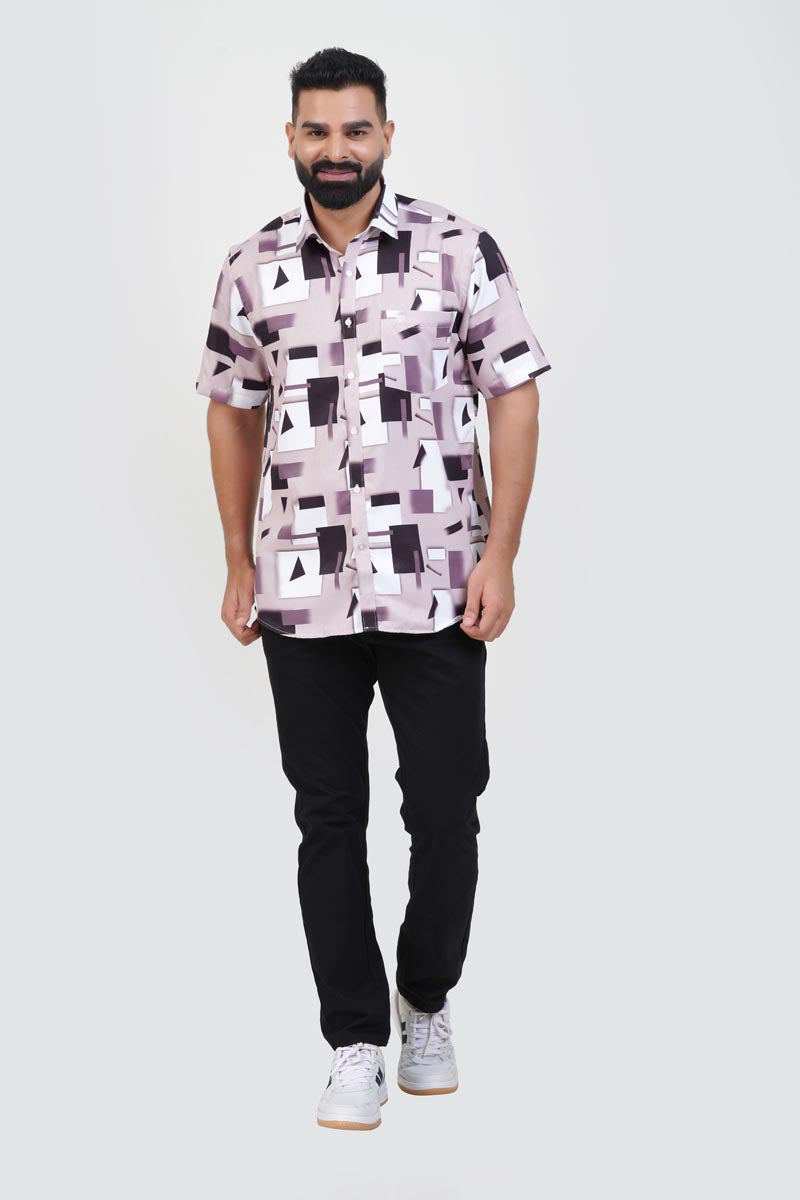 Freeco Print Shirt – Half Sleeve (Mauve & Black Abstract Block)