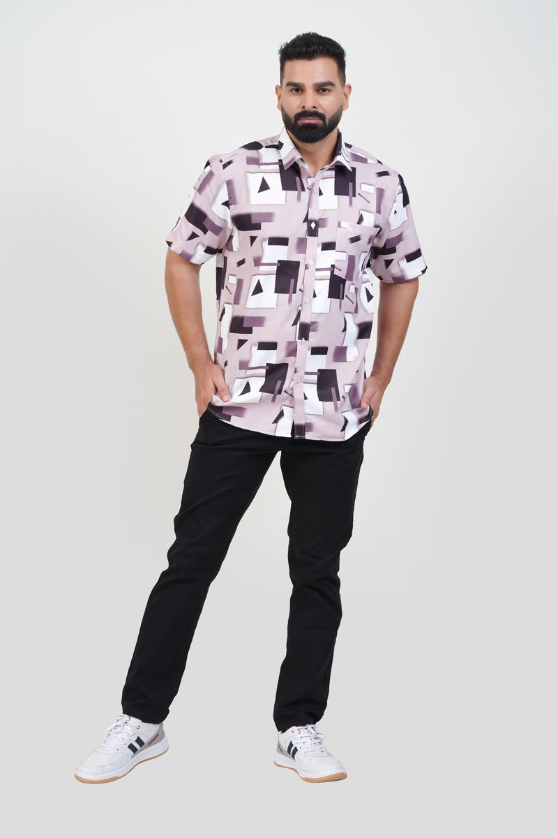 Freeco Print Shirt – Half Sleeve (Mauve & Black Abstract Block)