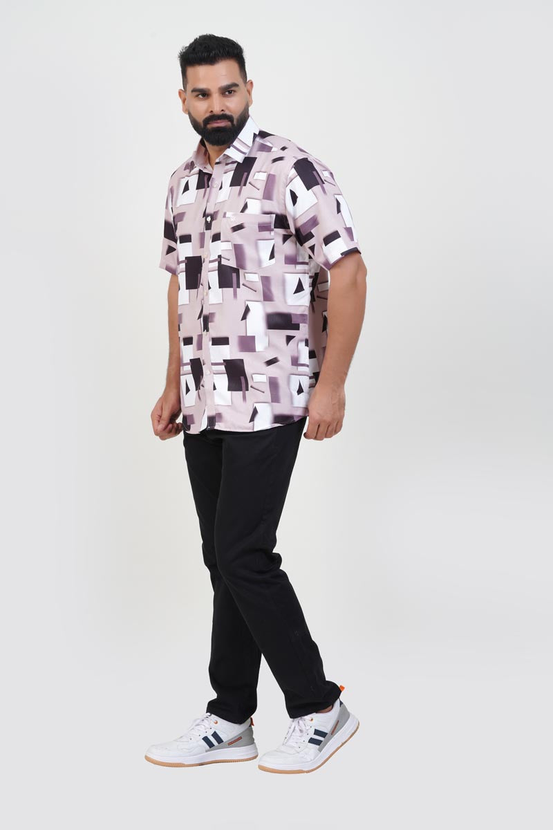 Freeco Print Shirt – Half Sleeve (Mauve & Black Abstract Block)
