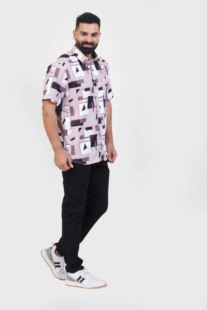Freeco Print Shirt – Half Sleeve (Mauve & Black Abstract Block)
