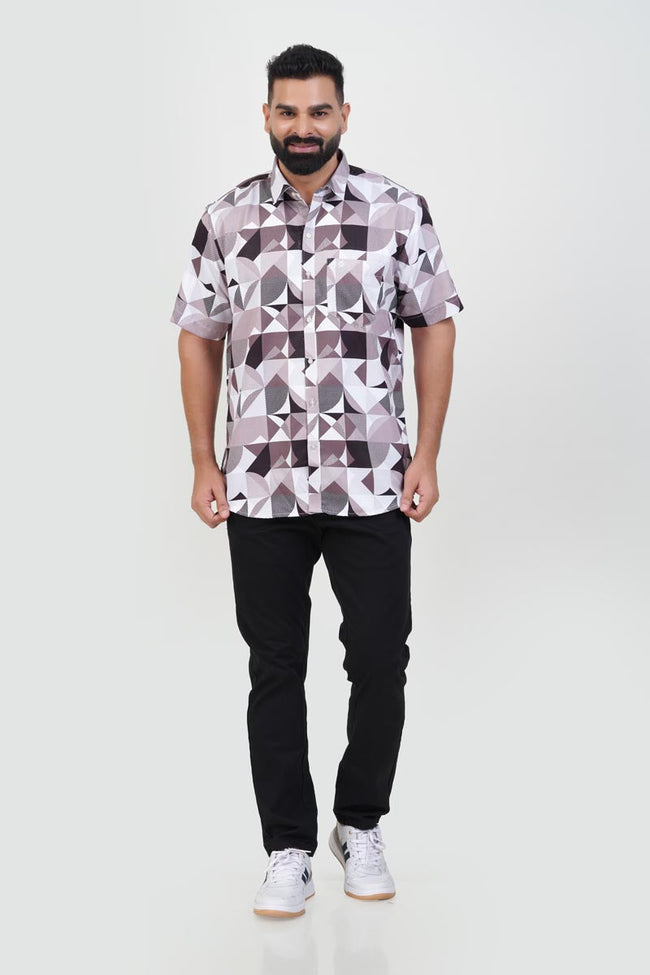 Freeco Print Shirt – Half Sleeve (Mocha & White Geometric) Hover Image