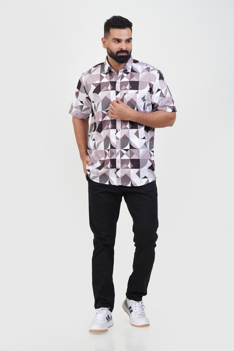 Freeco Print Shirt – Half Sleeve (Mocha & White Geometric)