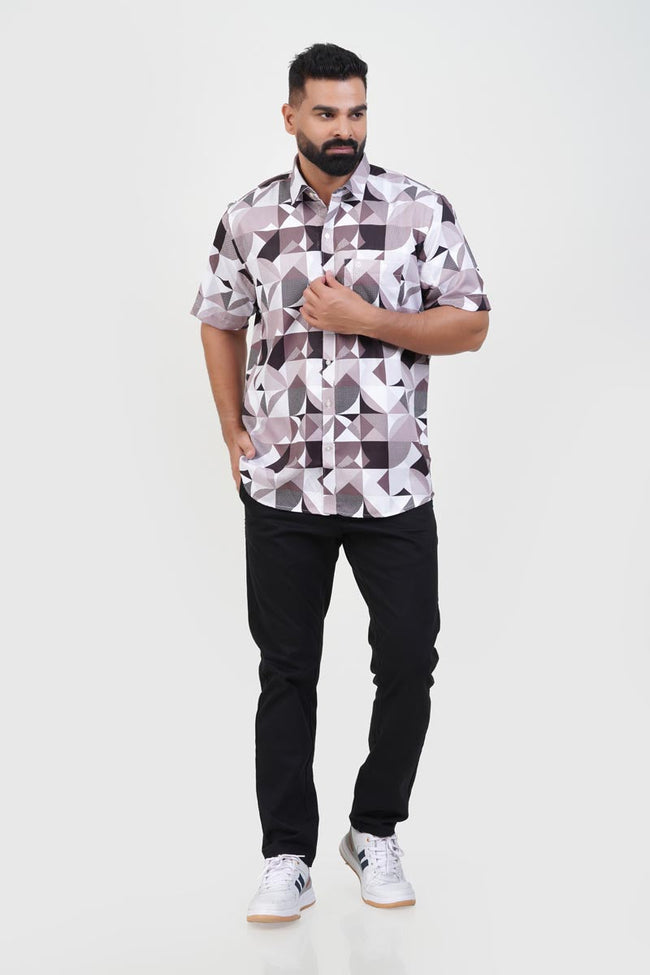 Freeco Print Shirt – Half Sleeve (Mocha & White Geometric) Main Image