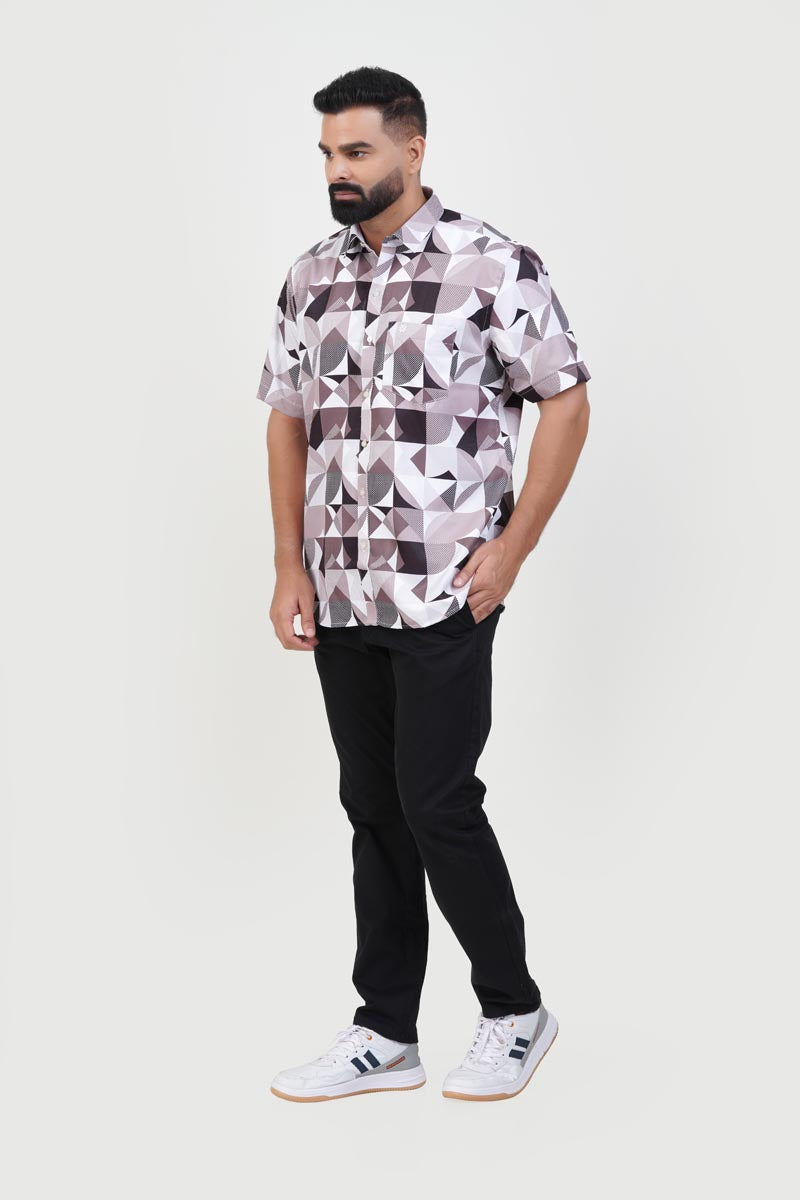 Freeco Print Shirt – Half Sleeve (Mocha & White Geometric)