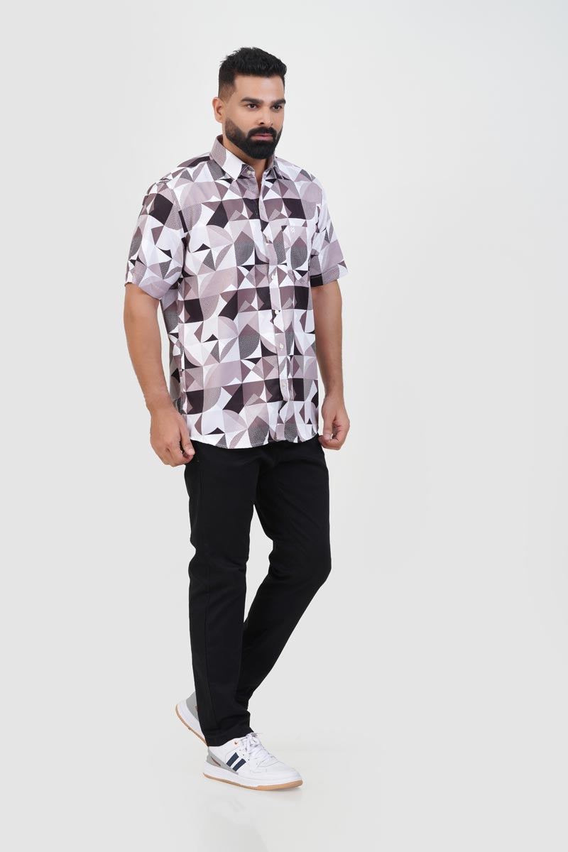 Freeco Print Shirt – Half Sleeve (Mocha & White Geometric)