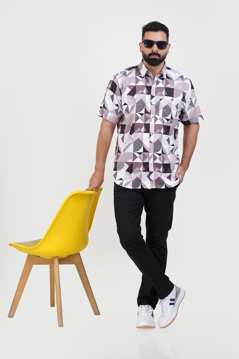 Freeco Print Shirt – Half Sleeve (Mocha & White Geometric)