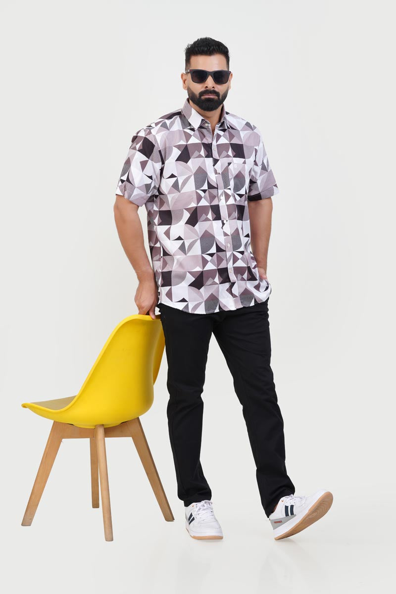 Freeco Print Shirt – Half Sleeve (Mocha & White Geometric)