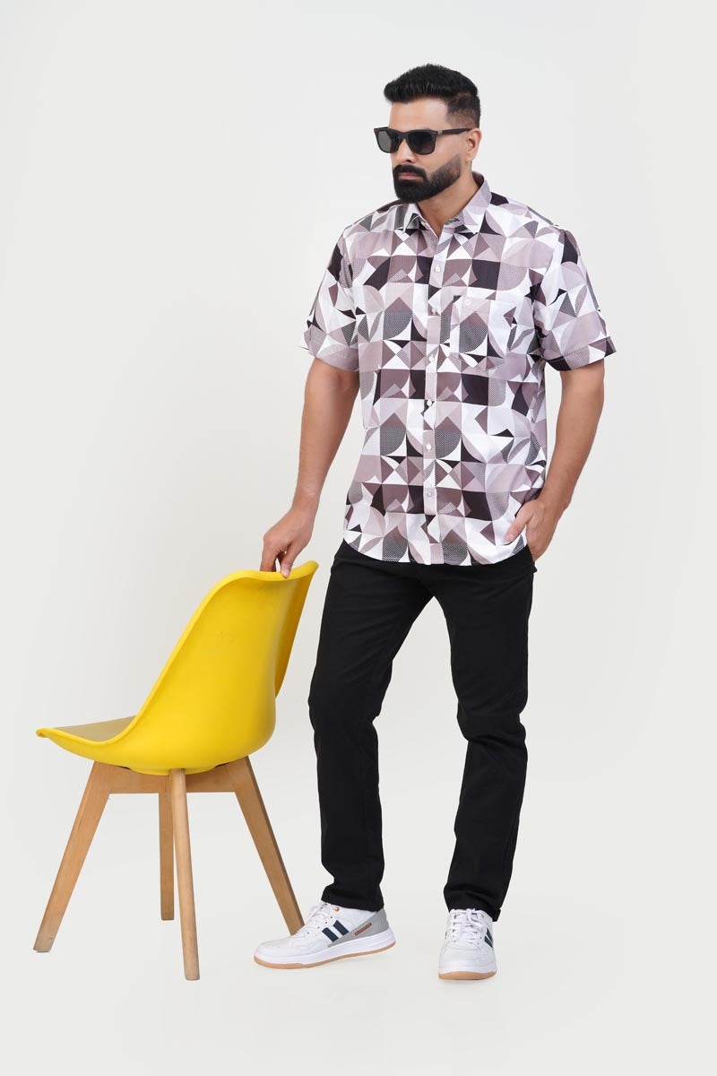 Freeco Print Shirt – Half Sleeve (Mocha & White Geometric)