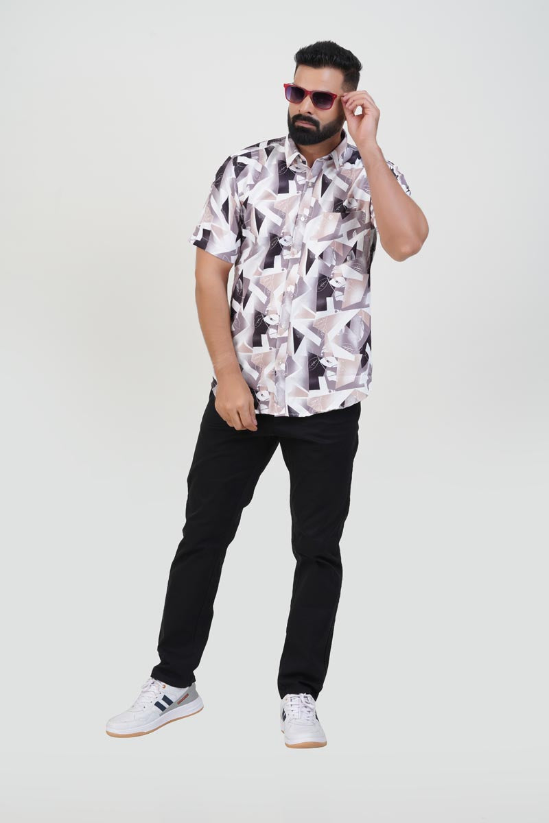 Freeco Print Shirt – Half Sleeve (Charcoal & Sand)