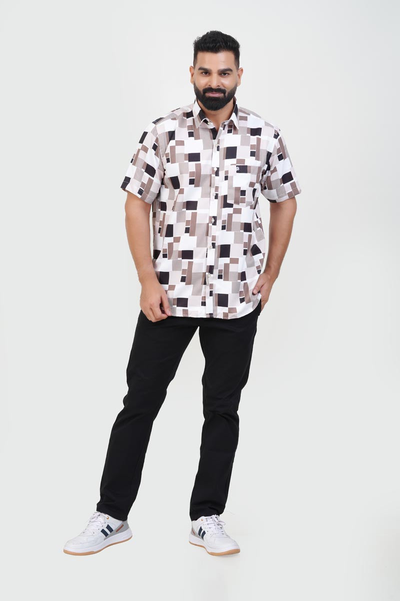 Freeco Print Shirt – Half Sleeve (Walnut Block & White)