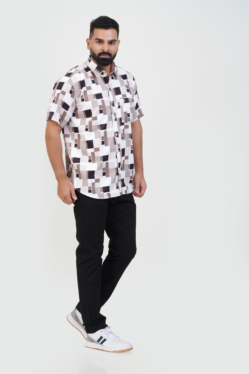 Freeco Print Shirt – Half Sleeve (Walnut Block & White)