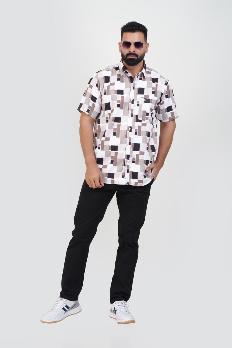 Freeco Print Shirt – Half Sleeve (Walnut Block & White)