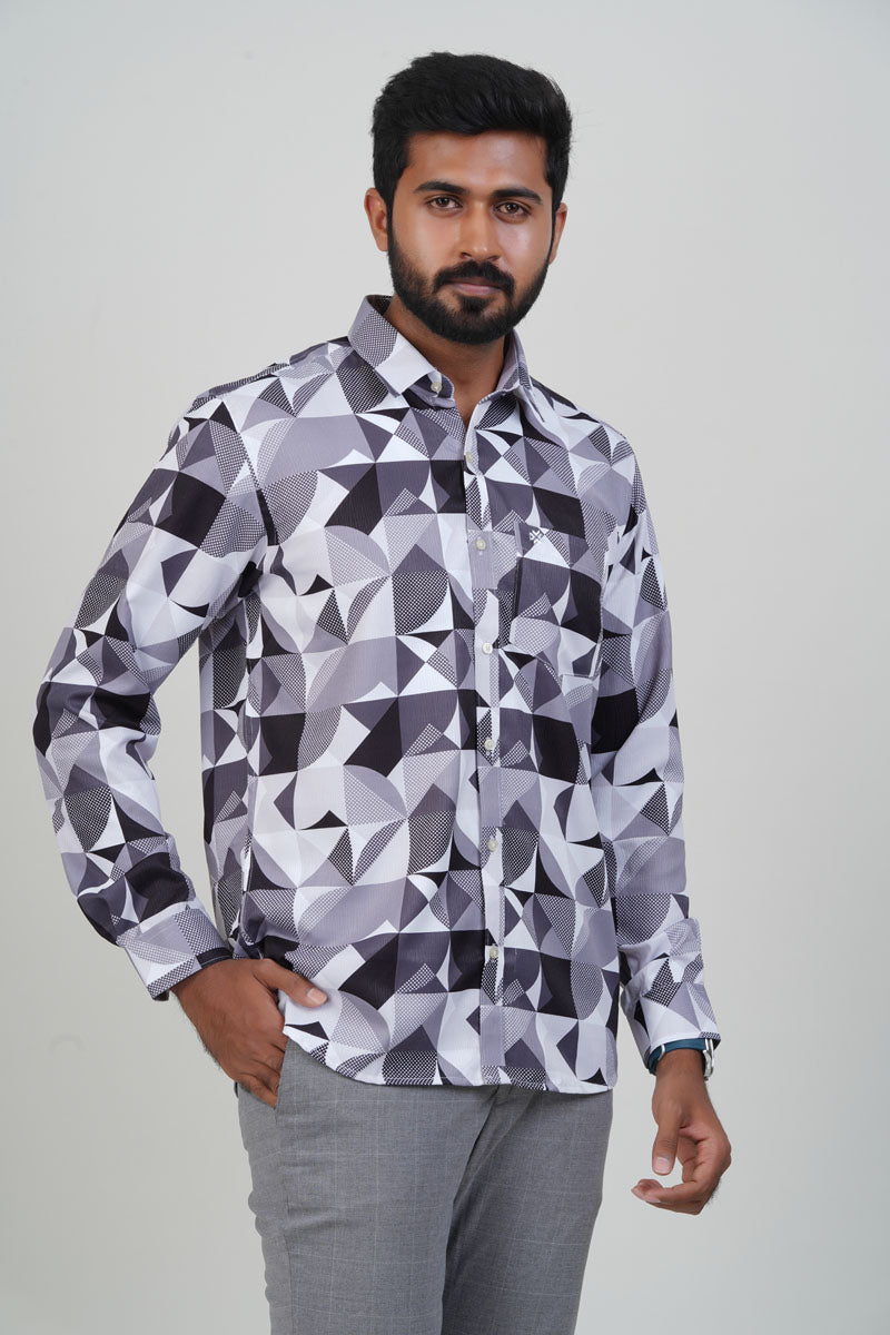 Freeco Sharp Angular Geometryc Print Shirt – Grey & Black