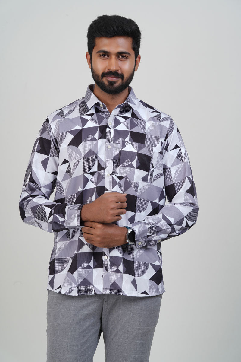 Freeco Sharp Angular Geometryc Print Shirt – Grey & Black