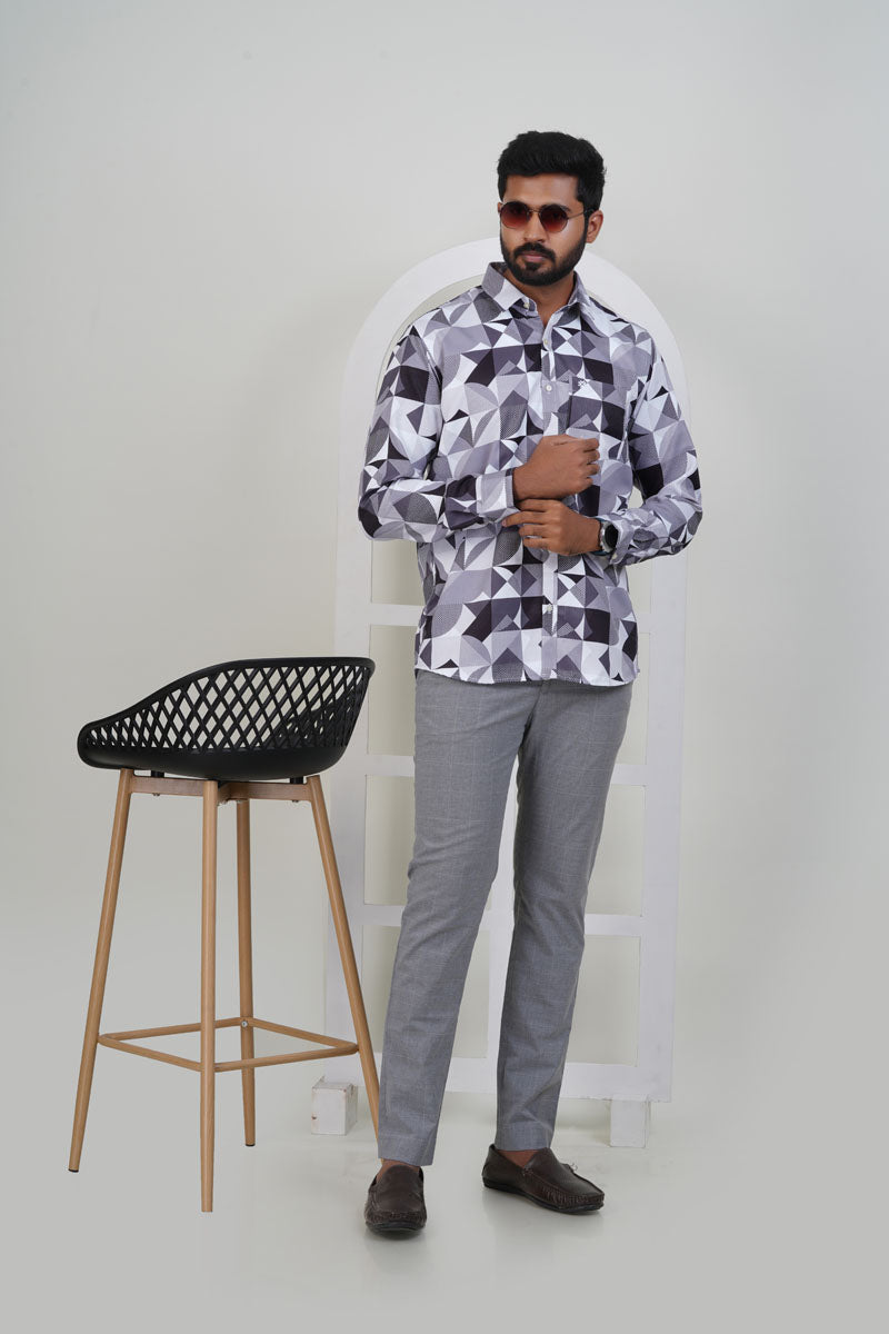 Freeco Sharp Angular Geometryc Print Shirt – Grey & Black
