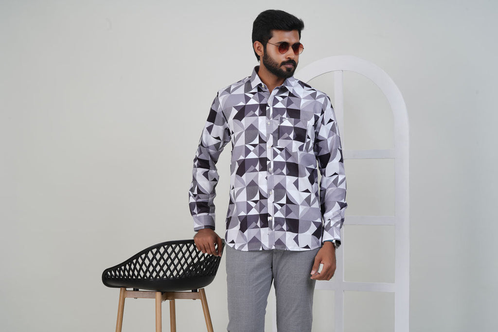Freeco Sharp Angular Geometryc Print Shirt – Grey & Black
