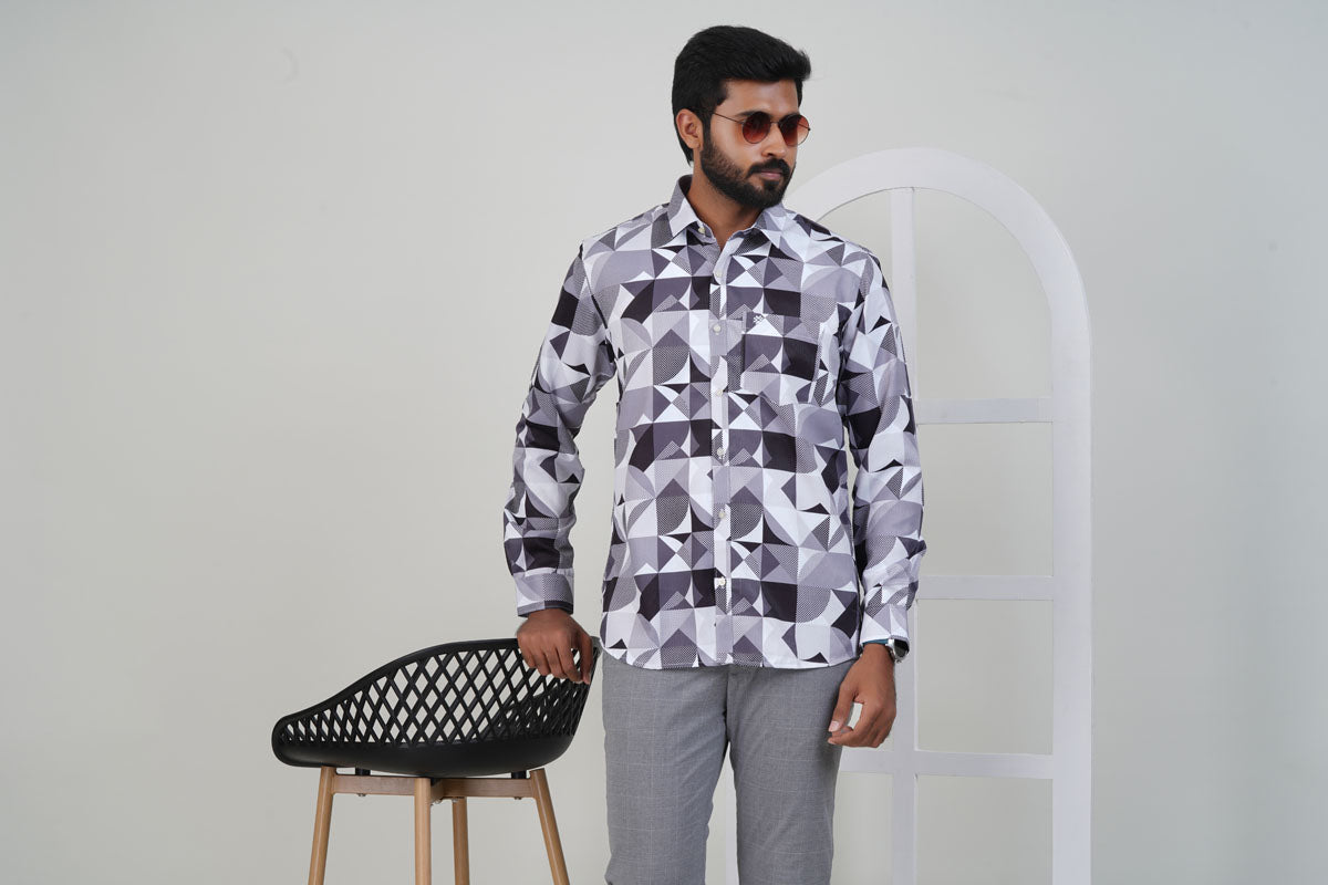 Freeco Sharp Angular Geometryc Print Shirt – Grey & Black