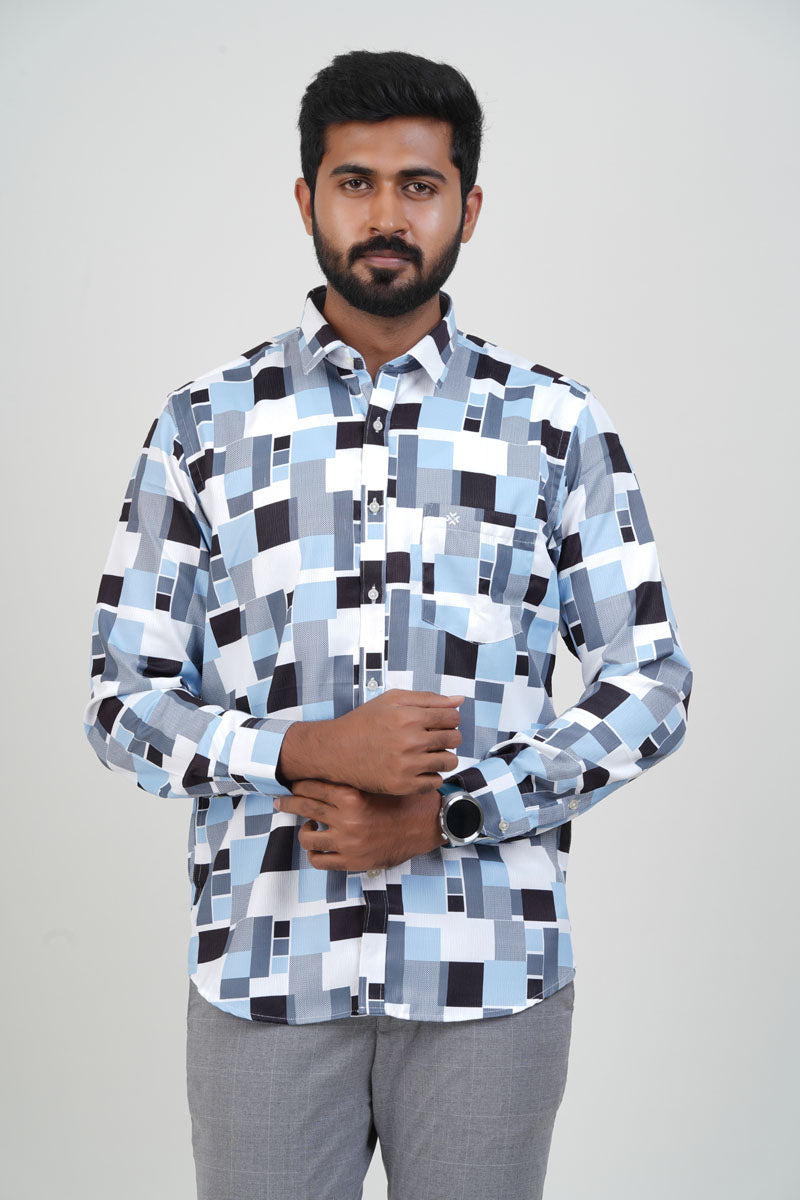Freeco Geometric Printed Formal Shirt – Full Sleeve (Sky Blue & Black)