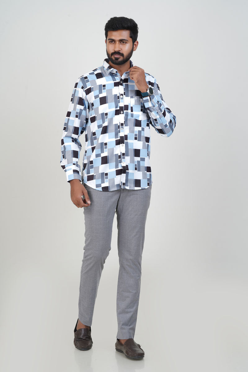 Freeco Geometric Printed Formal Shirt – Full Sleeve (Sky Blue & Black)
