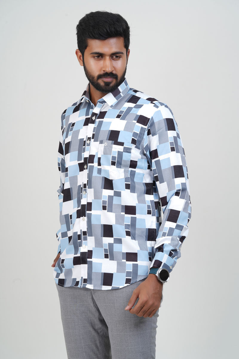Freeco Geometric Printed Formal Shirt – Full Sleeve (Sky Blue & Black)