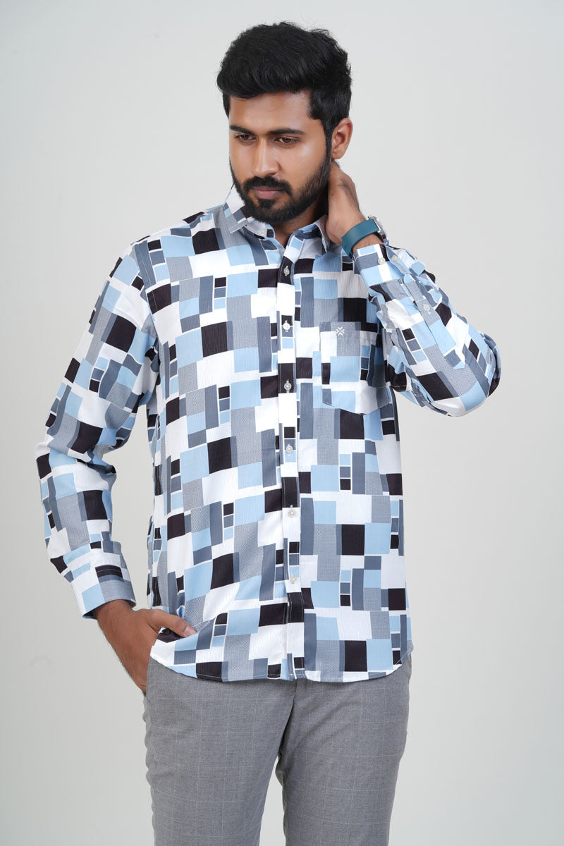 Freeco Geometric Printed Formal Shirt – Full Sleeve (Sky Blue & Black)