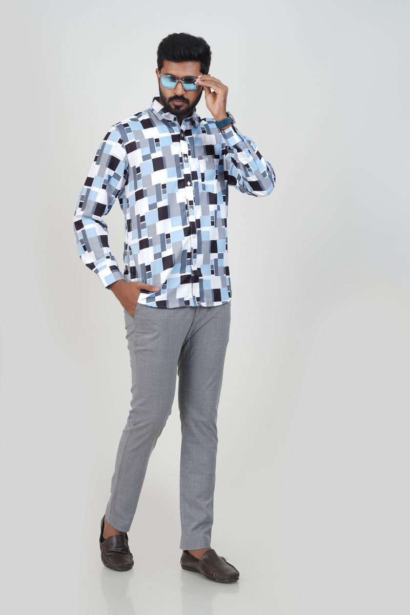 Freeco Geometric Printed Formal Shirt – Full Sleeve (Sky Blue & Black)