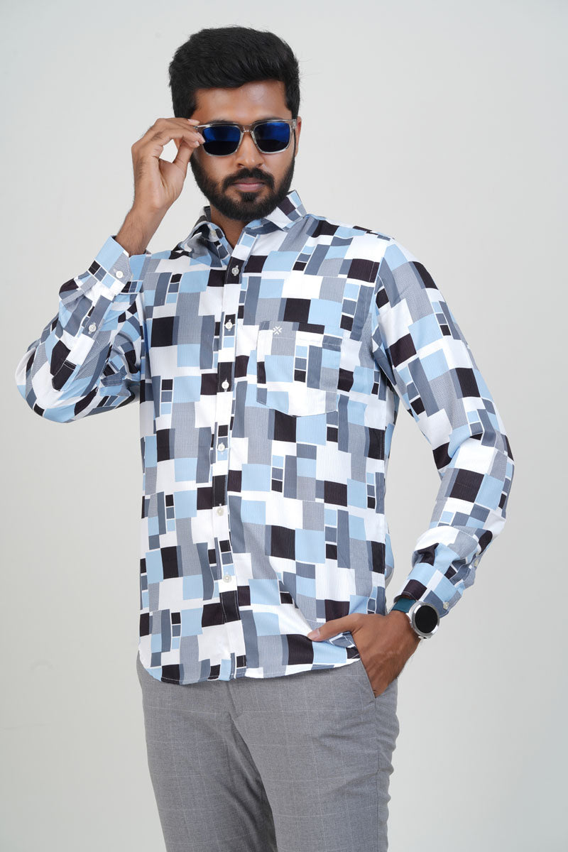 Freeco Geometric Printed Formal Shirt – Full Sleeve (Sky Blue & Black)