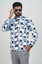 Freeco Geometric Printed Formal Shirt – Full Sleeve (Sky Blue & Black)