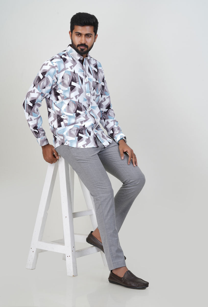 Freeco Print Shirt – Full Sleeve (Ice Blue & Charcoal)